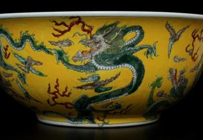 41CM Guangxu Signed Old Chinese Yellow Glaze Doucai Bowl W/dragon