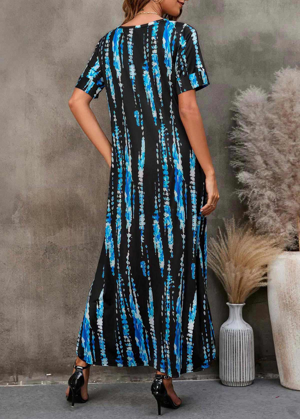 Blue Striped Double Side Pockets V Neck Dress