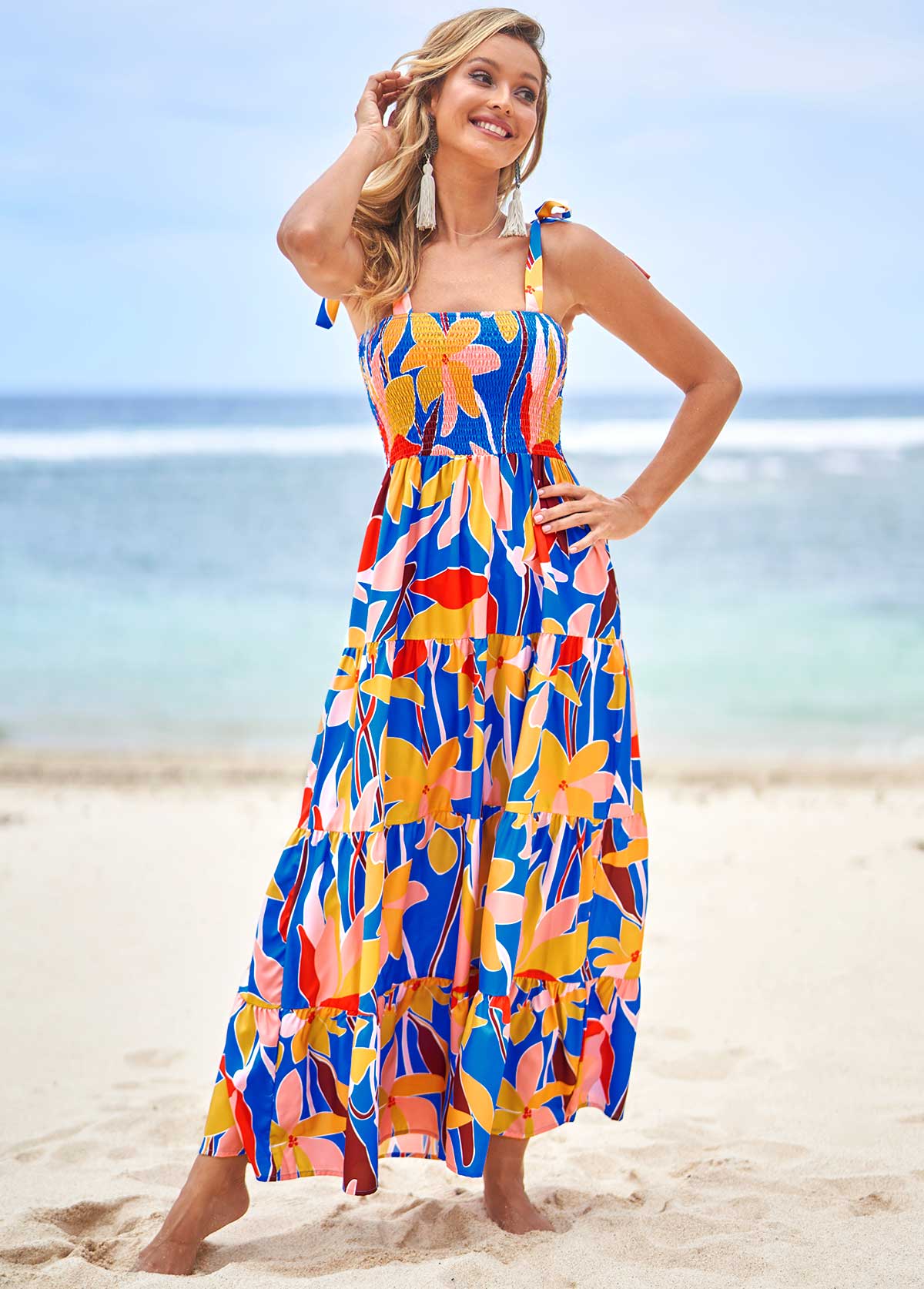 Floral Print Multi Color Tie Shoulder Dress