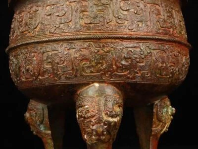 30CM Old Chinese Bronze Statue Pot Ding Incense Burner w/pattern N1738