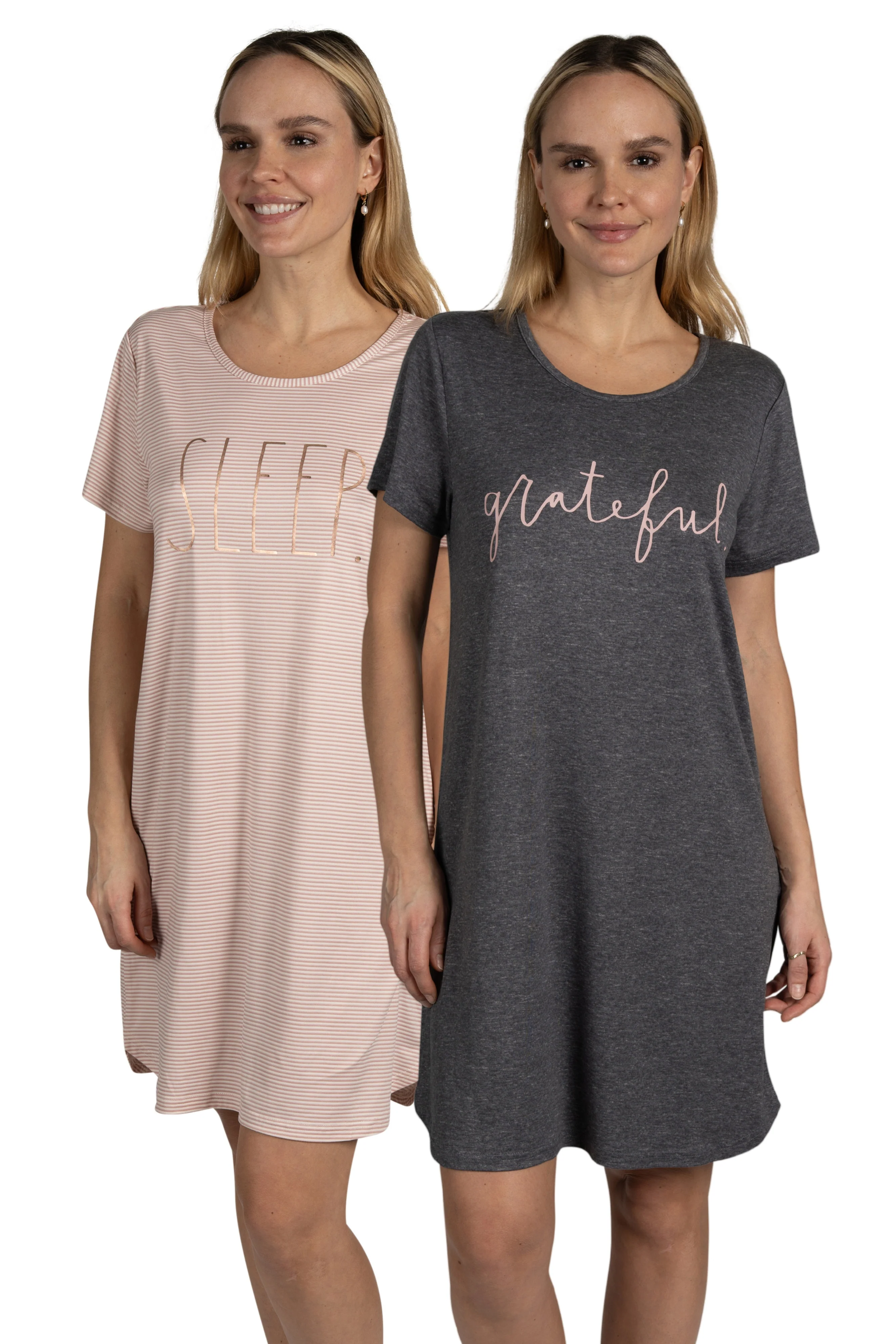 Women's 2-Pack Short Sleeve Shirttail Nightshirts Grey Pink 