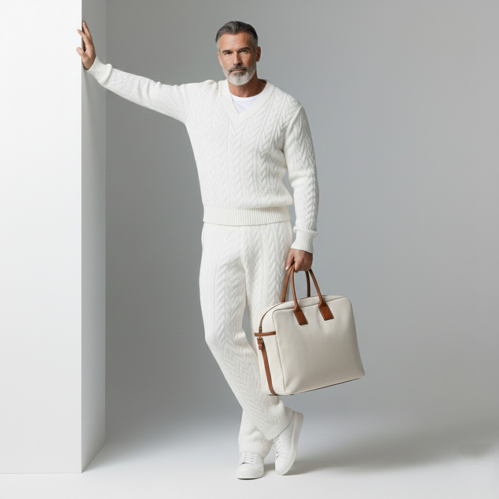 Men's Casual White V Neck Long Sleeve Textured Knit Sweaters & Pants 2Pcs Set