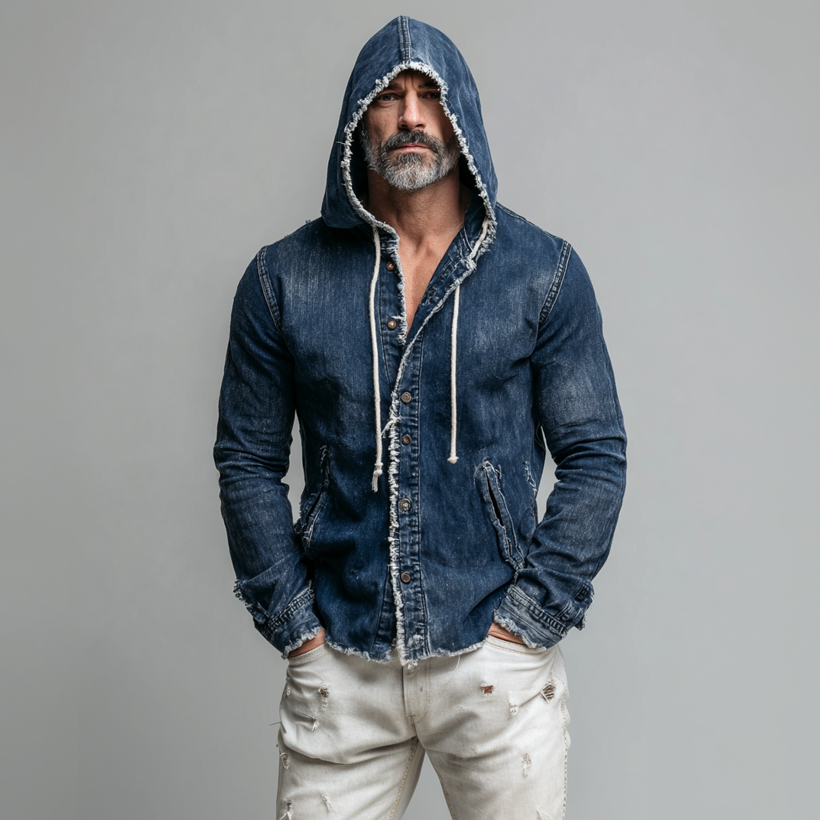 Men's Casual Raw Edge Denim Long Sleeve Pockets Drawstring Hooded Jacket