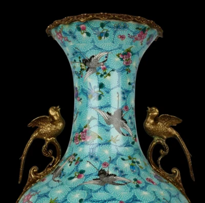 49CM Yongzheng Signed Old Chinese Famille Rose Vase w/crane N3943