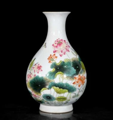Yongzheng Signed Pair Old Chinese Colour Enamel Vase W/louts flower N3608