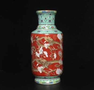 42CM Yongqingchangchun Signed Old Chinese Famille Rose Vase W/dragon