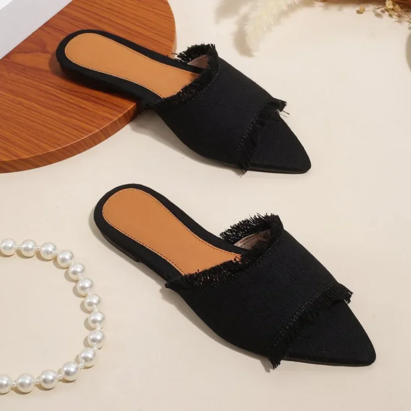 Women Flats Cowboy Slippers Fashion Beach Dress Shoes  Summer Femme Pointed Toe Flip Flops New Casual Slides