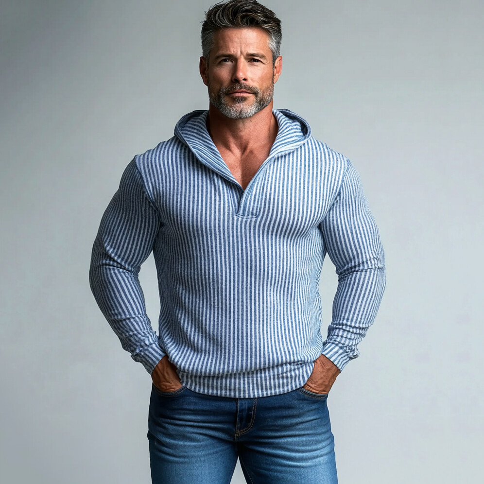 Men's Casual Striped Pattern Long Sleeve Hooded Shirt