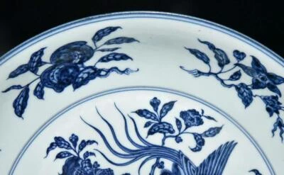 35CM Yongle Signed Old Chinese Blue and White Dish Plate W/bird N3070