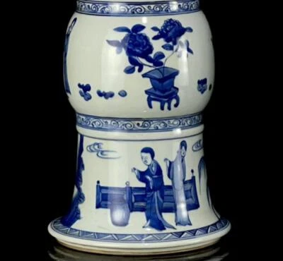 43CM Chongzhen Signed Old Chinese Blue and White Vase W/ figure N1326