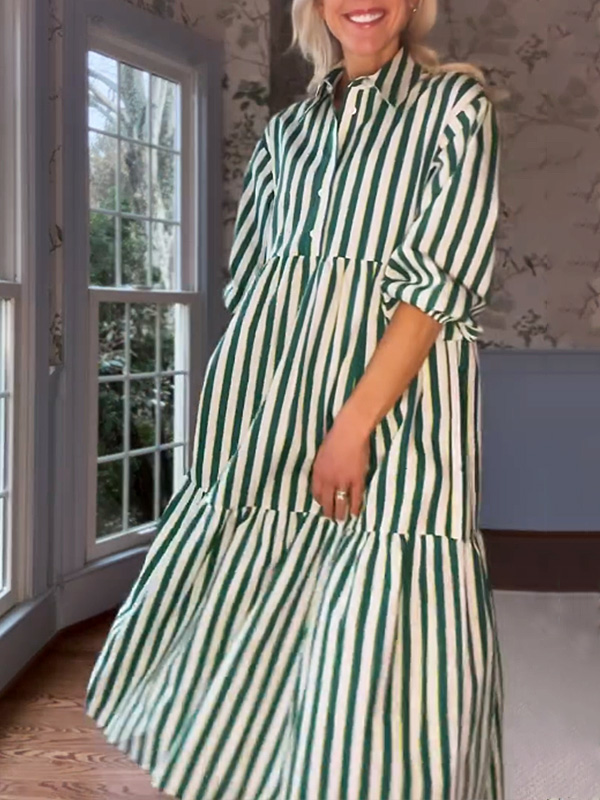 NEW🔥 Thick Striped 3/4 Blouson Sleeves Dress
