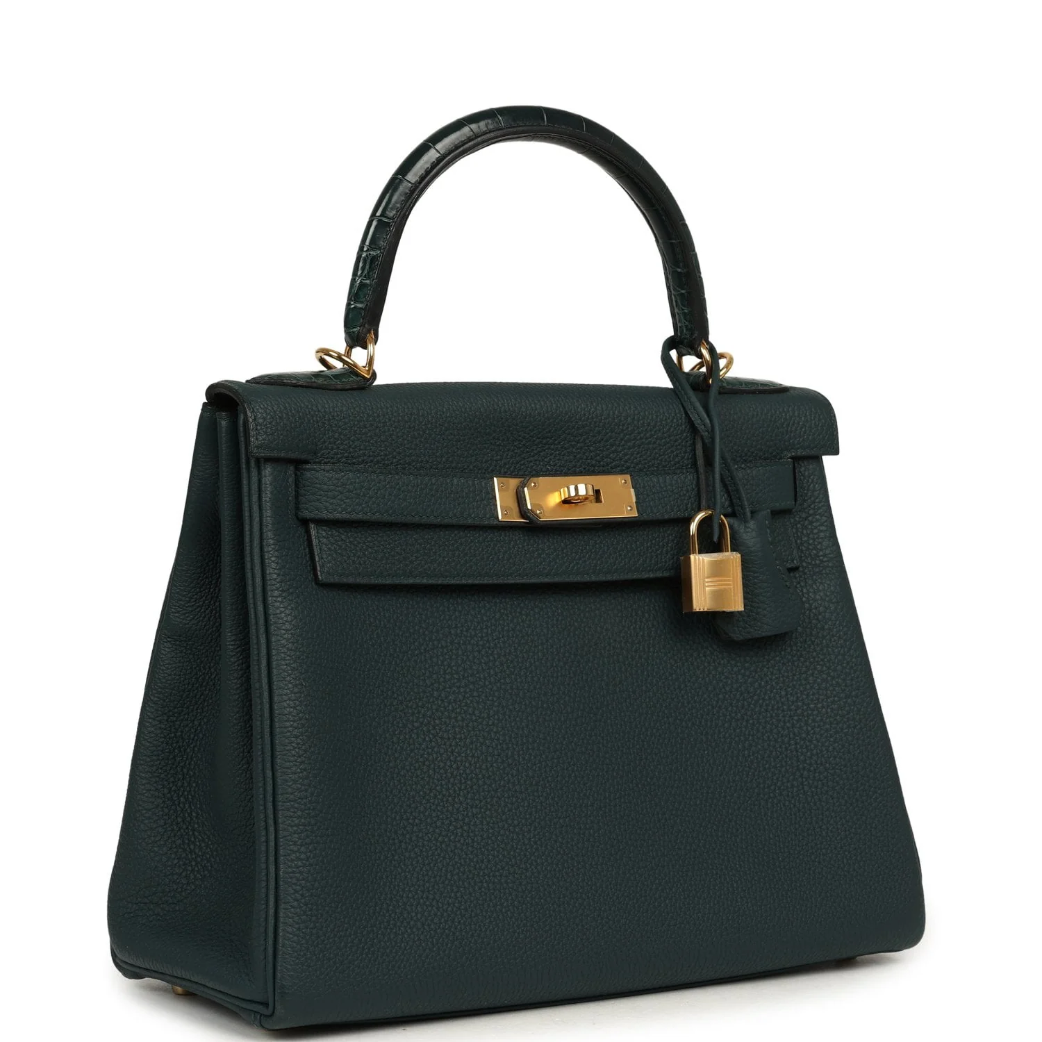 HERMÈS Kelly Retourne 28 Vert Cypress Togo, Matte Alligator Touch Gold Hardware