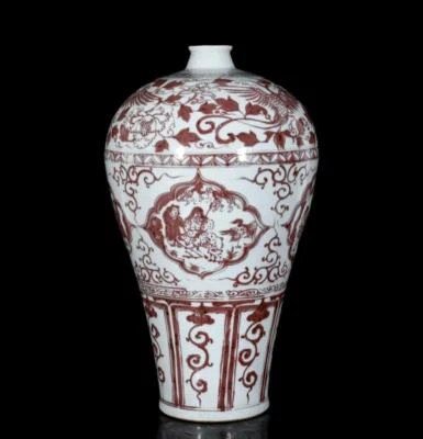 44CM Old Chinese Underglaze Red Vase W/figure N3764