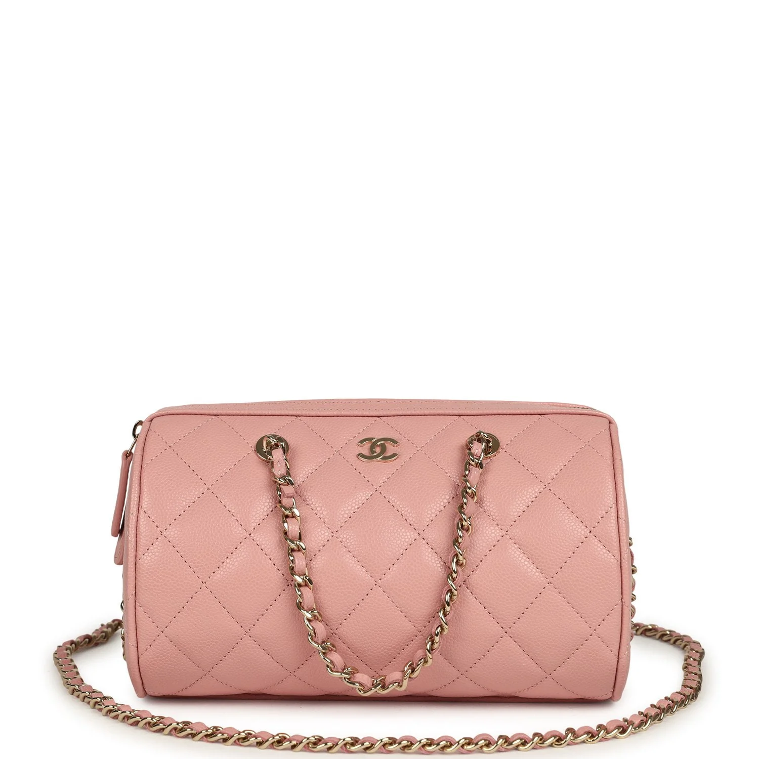 Chanel Mini Timeless Classic Barrel Bag with Chain Pink Shiny Caviar Light Gold Hardware