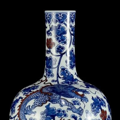 37CM Yishantang Singed Old Chinese Blue and White Vase W/dragon N1310