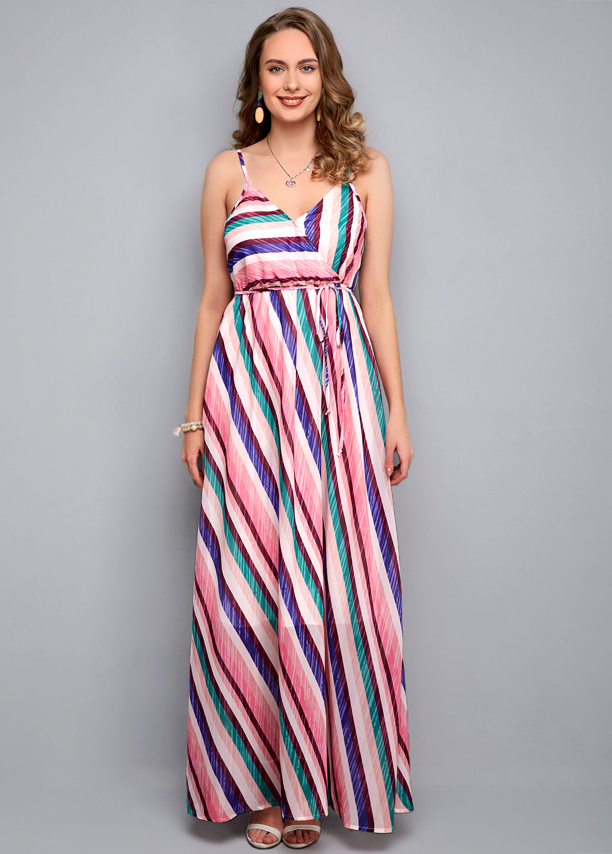 Sleeveless Drawstring Waist Striped Print Maxi Dress