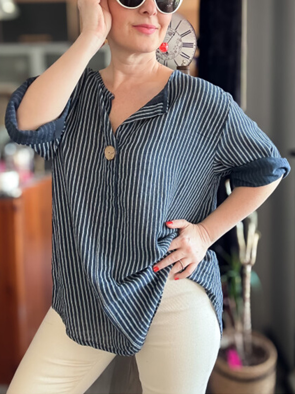 🌲🔥 Classic Striped V Neck Button Down Blouse