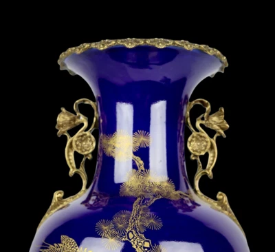 49CM Kangxi Signed Old Chinese Blue Glaze Gilding Vase w/crane N3967