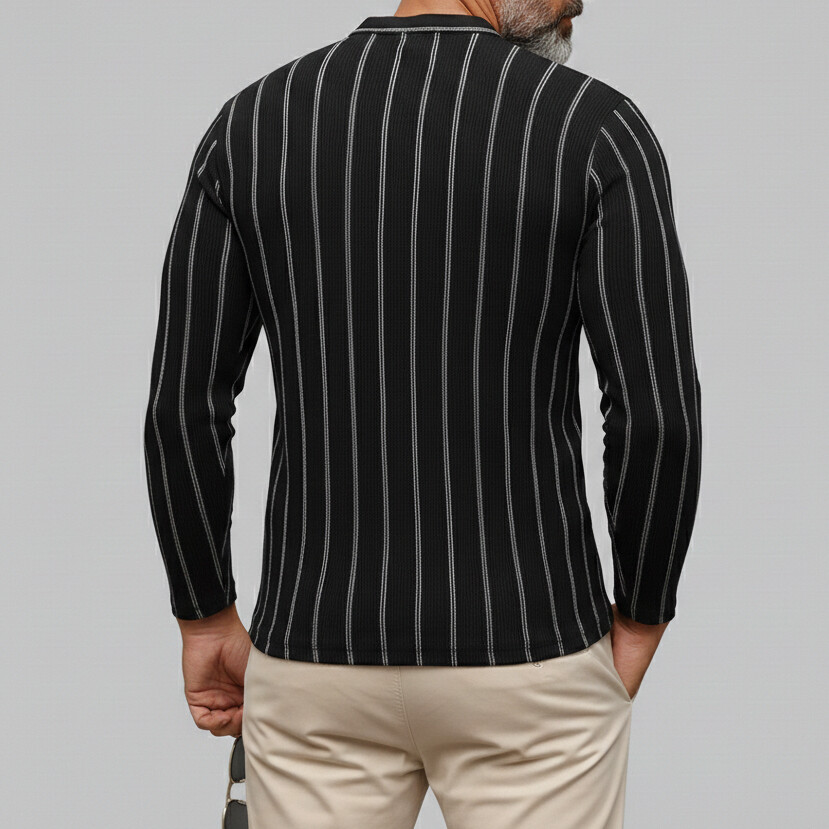 Men's Casual Black Striped Half Button Long Sleeve Henley Shirts