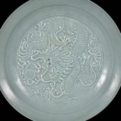 41CM Old Chinese Ru Yao Ru Kiln Dish w/dragon N3261