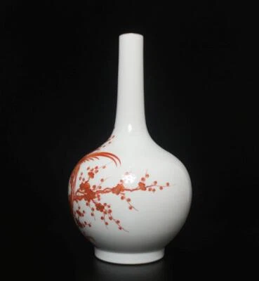 38CM Qianlong Signed Antique Vitriol Porcelain Vase w/ bird