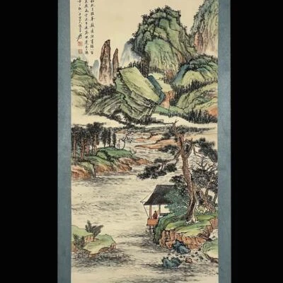 Zhang Daqian Signed Chinese Hand Painted Calligraphy Scroll w/landscape N350