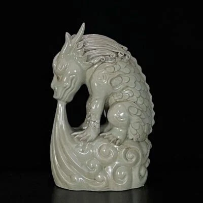 32CM Pair Old Chinese Song Ru Yao Ru Kiln Statue w/kylin N1