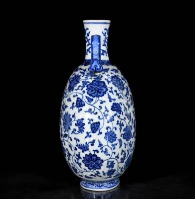 32CM Qianlong Signed Old Chinese Blue&White Vase W/flower N3548