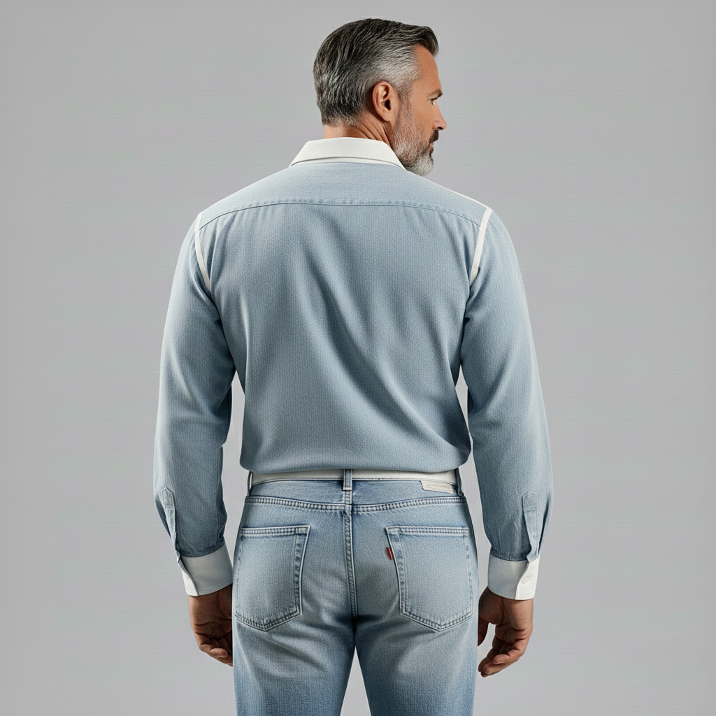 Men's Fashionable Powder Blue Contrast Trim Deep V Neck Long Sleeve Shirt