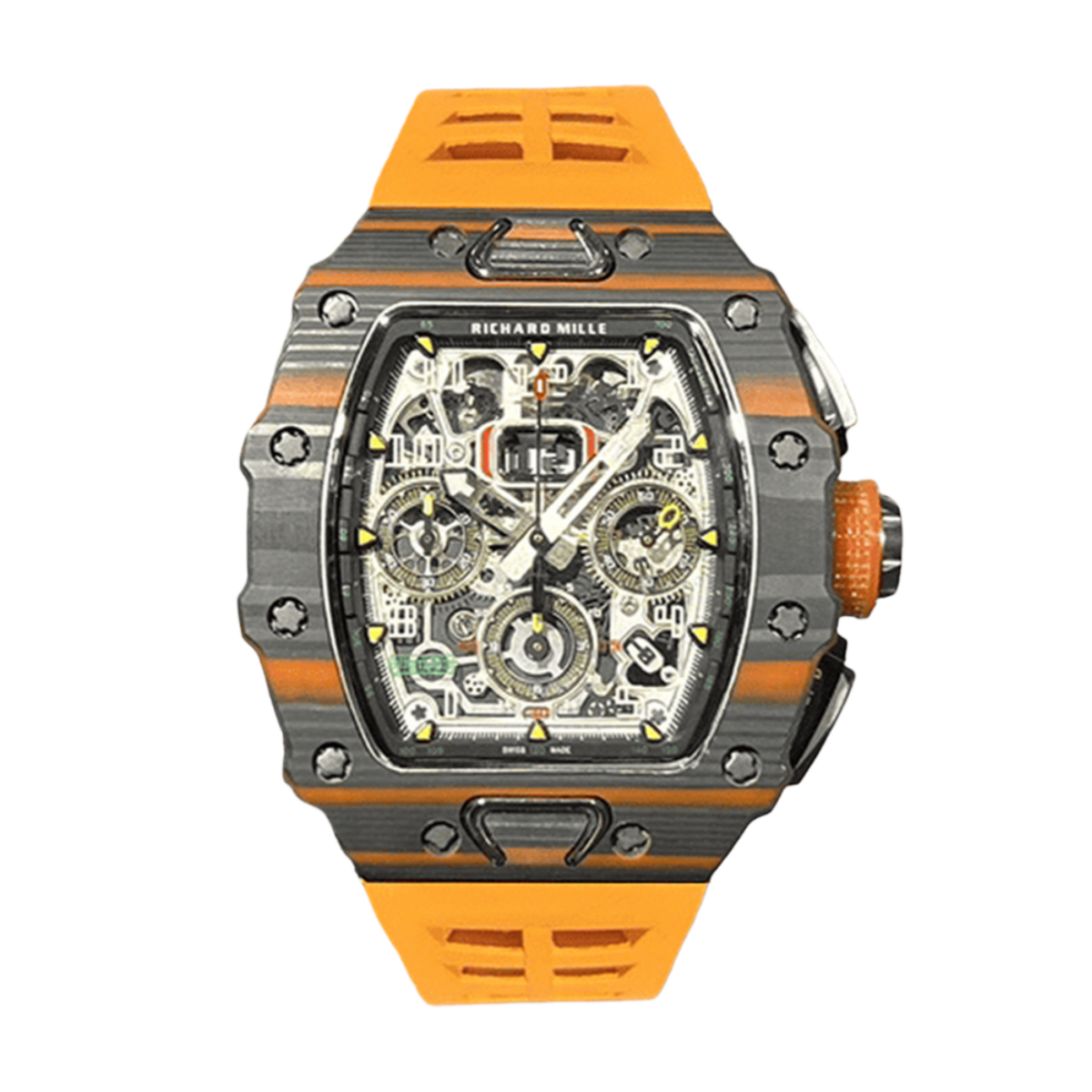 【7A Quality】Swiss Replica Richard Mille RM 11-03 McLaren Watch – Carbon Fiber Skeleton Chronograph with Striking Orange Rubber Strap