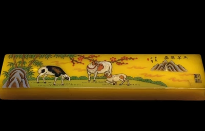 Signed Old Chinese Painting Colored Glaze Paper Weight w/sheep N4229