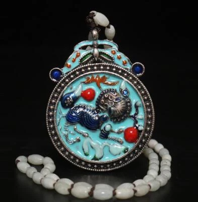 85G Chinese Carved Nephrite Crystal Pendant InlayTibet Silver