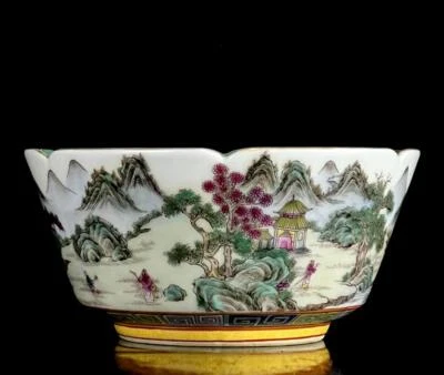 Yongzheng Signed Old Chinese Famille Rose Bowl W/landscape N264