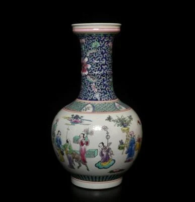 40CM Kangxi Signed Antique Chinese Famille Rose Vase W/figure