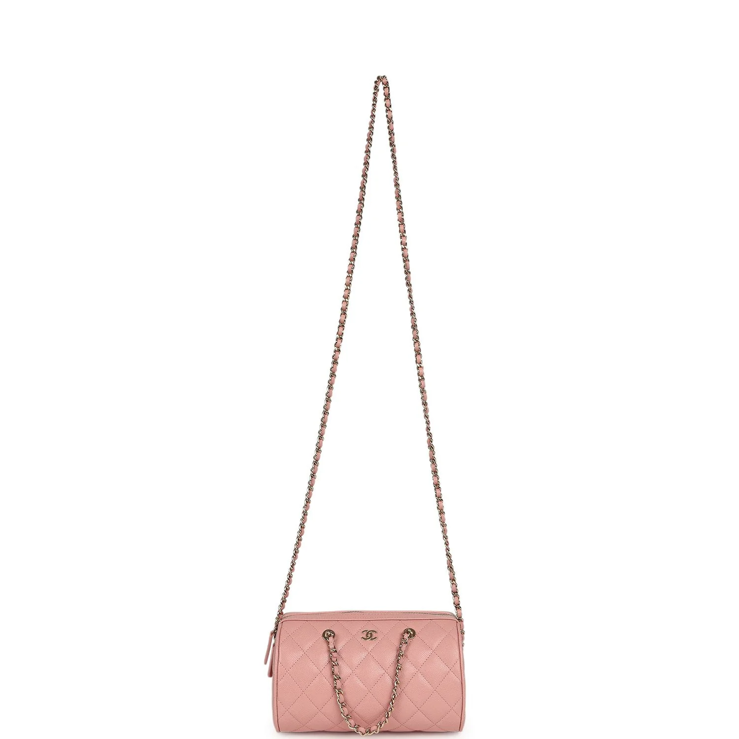 Chanel Mini Timeless Classic Barrel Bag with Chain Pink Shiny Caviar Light Gold Hardware