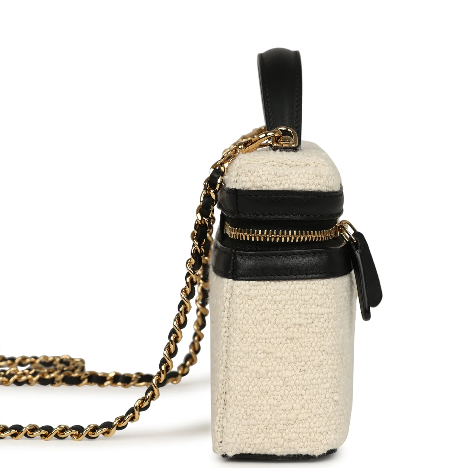 Chanel Coco Beach Top Handle Long Vanity Case with Chain Ecru Tweed and Black Calfskin Gold Hardware