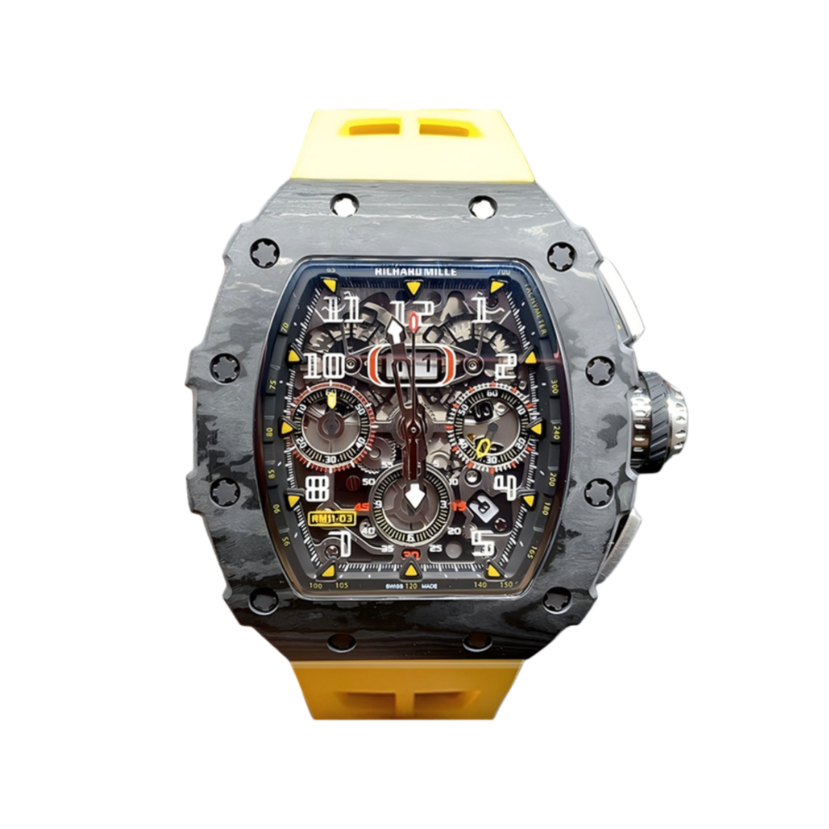 【7A Quality】Best Swiss Replica Richard Mille RM 011 Skeleton Dial Watch – Carbon Fiber Case, Yellow Rubber Strap