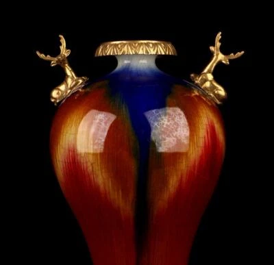 30CM Old Chinese Jun Kiln Yaobian Glaze Vase w/deer N1312