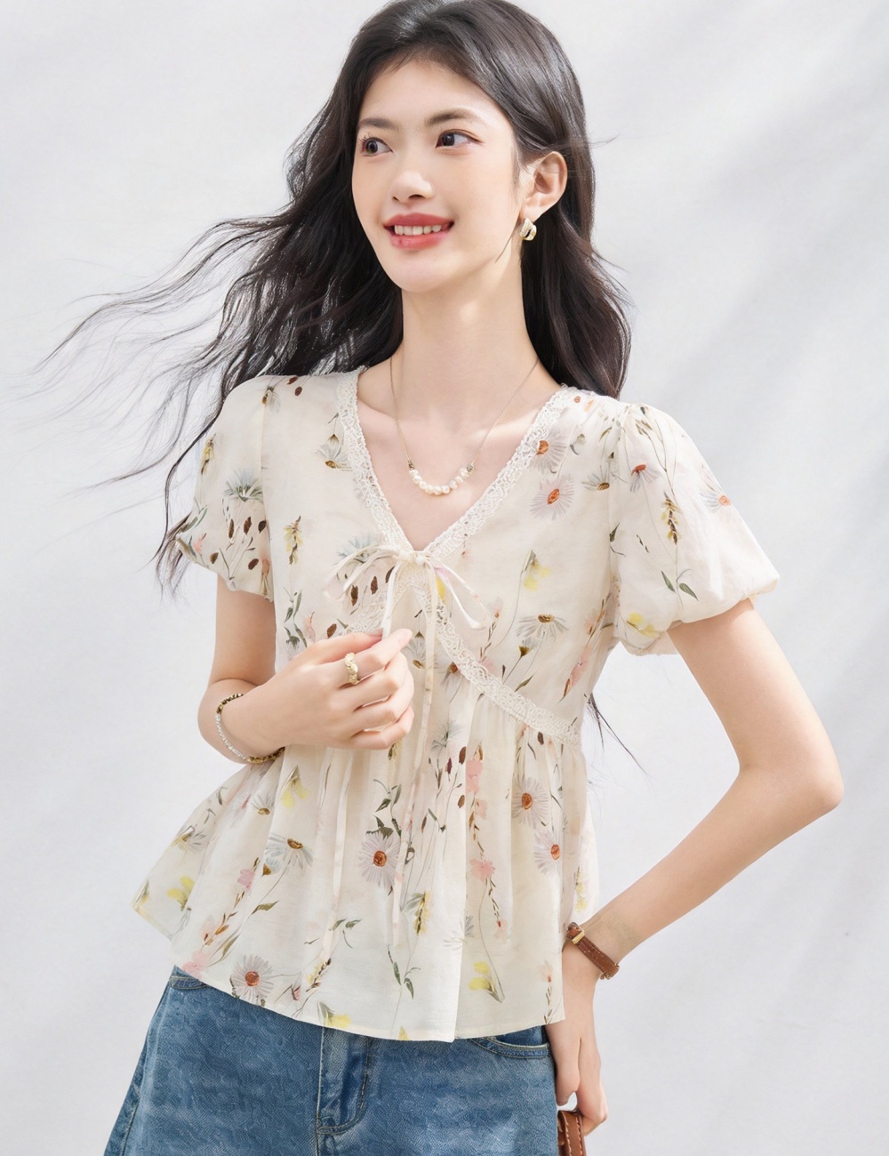 Summer floral doll shirt V-neck short tops for women