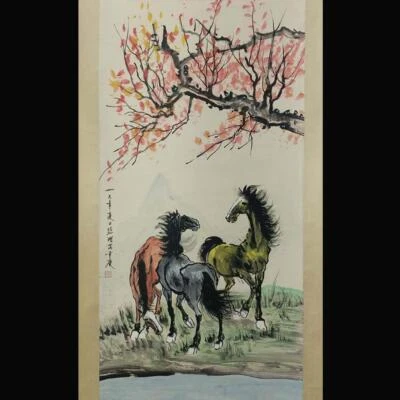 Xu Beihong Signed Chinese Hand Painted Calligraphy Scroll w/horse N1850