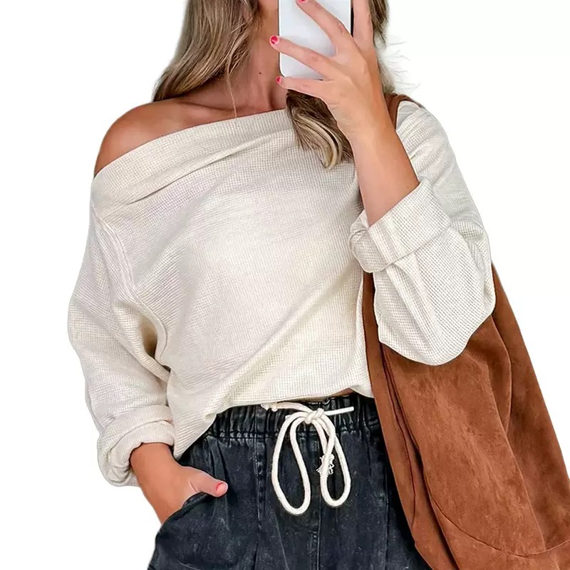 Fashionable Shoulder-Baring Long-Sleeve Solid Color Loose-Fit Sweatshirt