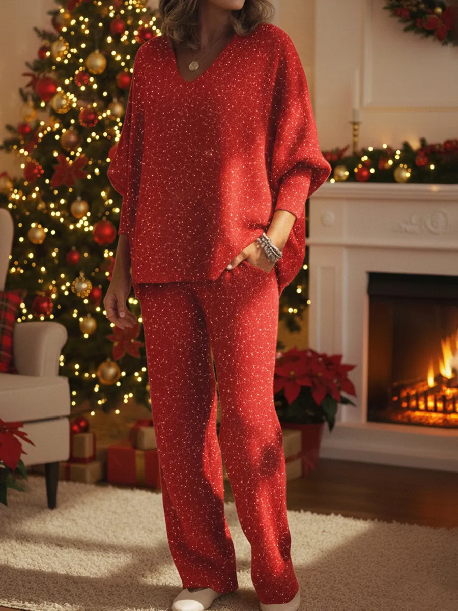 🌲 SALE🔥 Christmas Sparkling V-neck Knit Top And Pants Two-piece Set