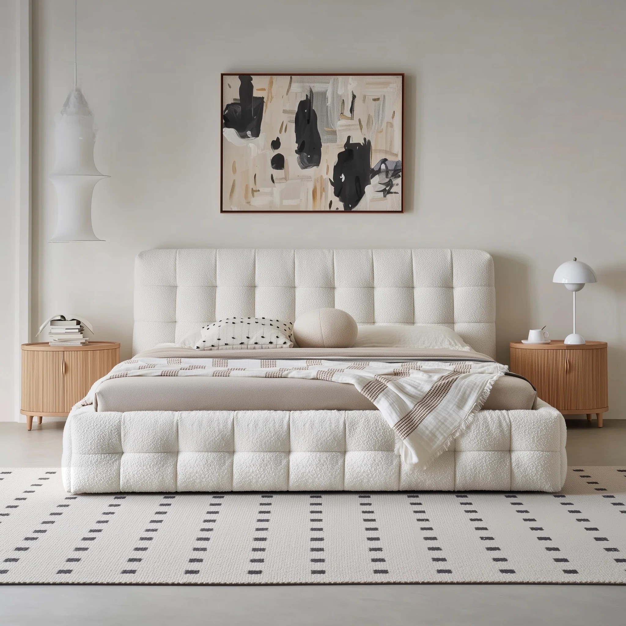 Cream Puff Boucle Bed Contemporary Upholstered Platform Bed Frame for Bedroom Comfort and Style
