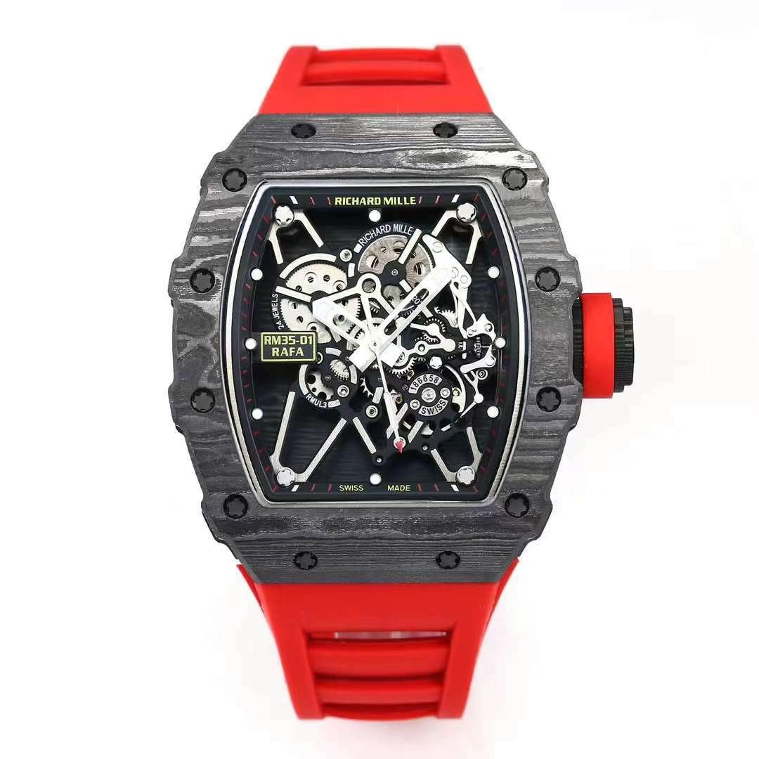 【7A Quality】Richard Mille RM35-01 Rafael Nadal Red Imitation Watches Carbon Case and Red Strap