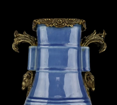 45CM Yongzheng Signed Old Chinese Sky Blue Glaze Vase w/sheep N4000