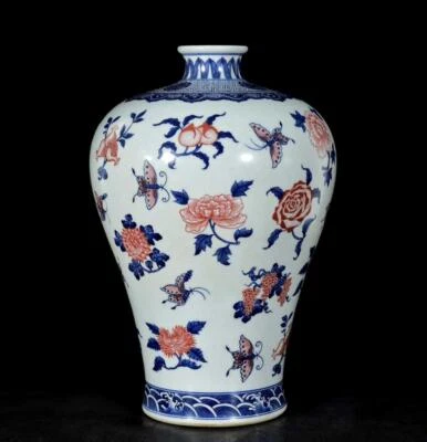 40CM Qianlong Signed Old Chinese Blue and White Vase W/butterfly N3249