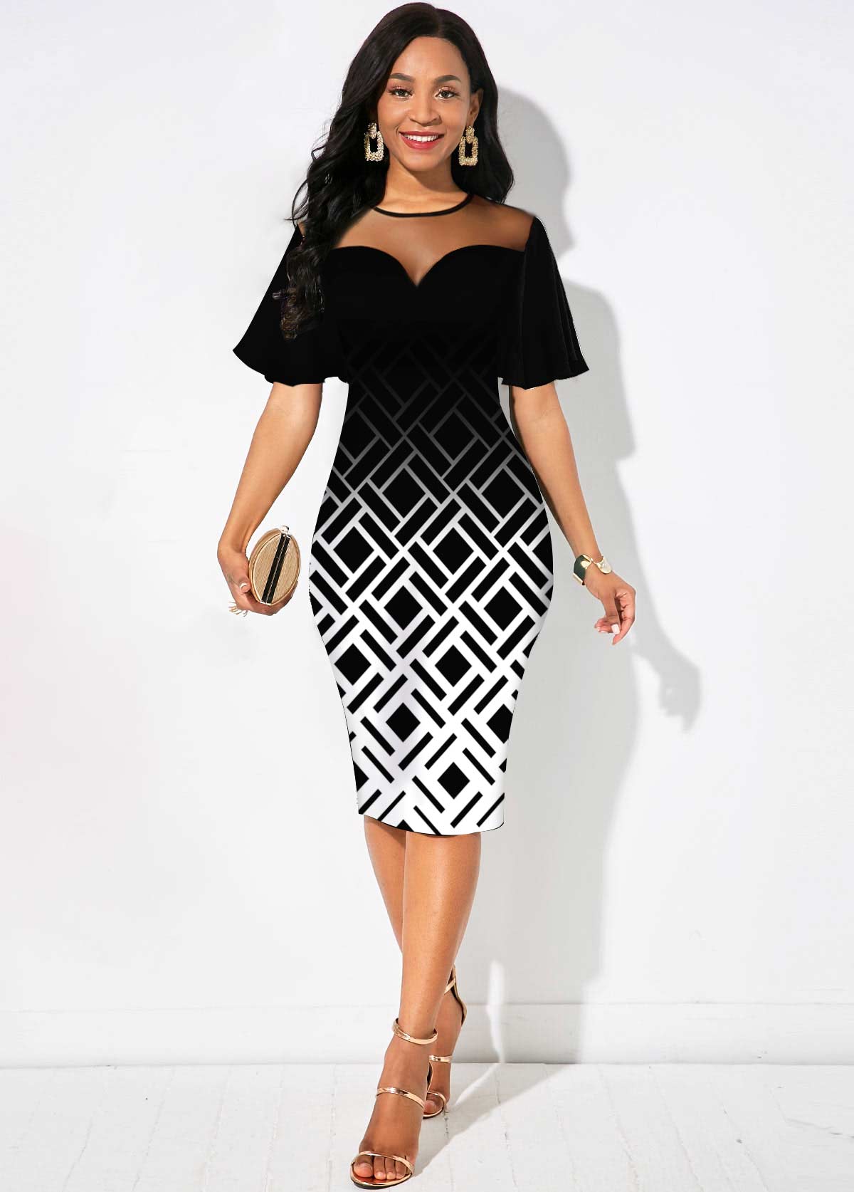 Geometric Print Ombre Short Sleeve Dress