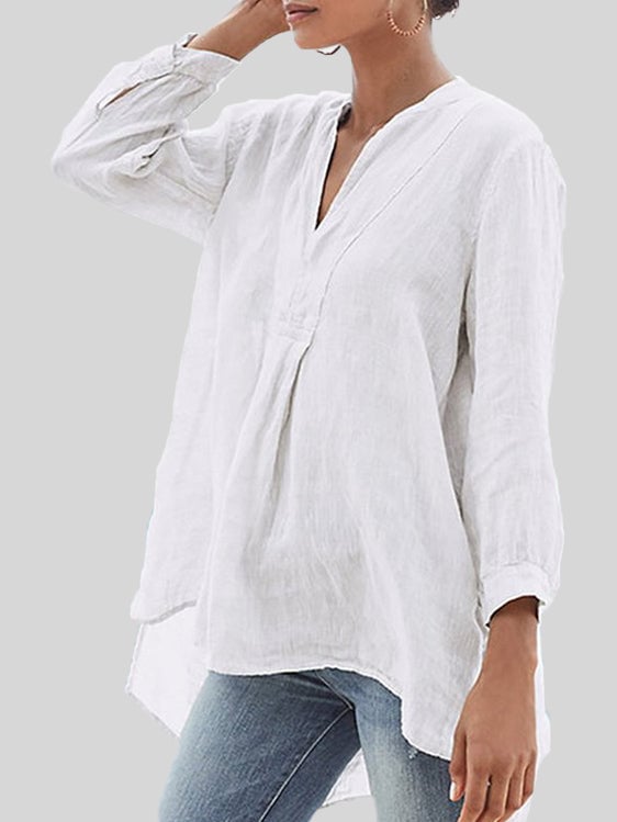 Solid Color V-Neck Front Short Back Long Bracelet Sleeve Fashion Shirt