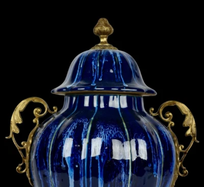 47CM Yongzheng Signed Old Chinese Blue Glaze Yaobian Kiln Lid Pot w/flower N4034