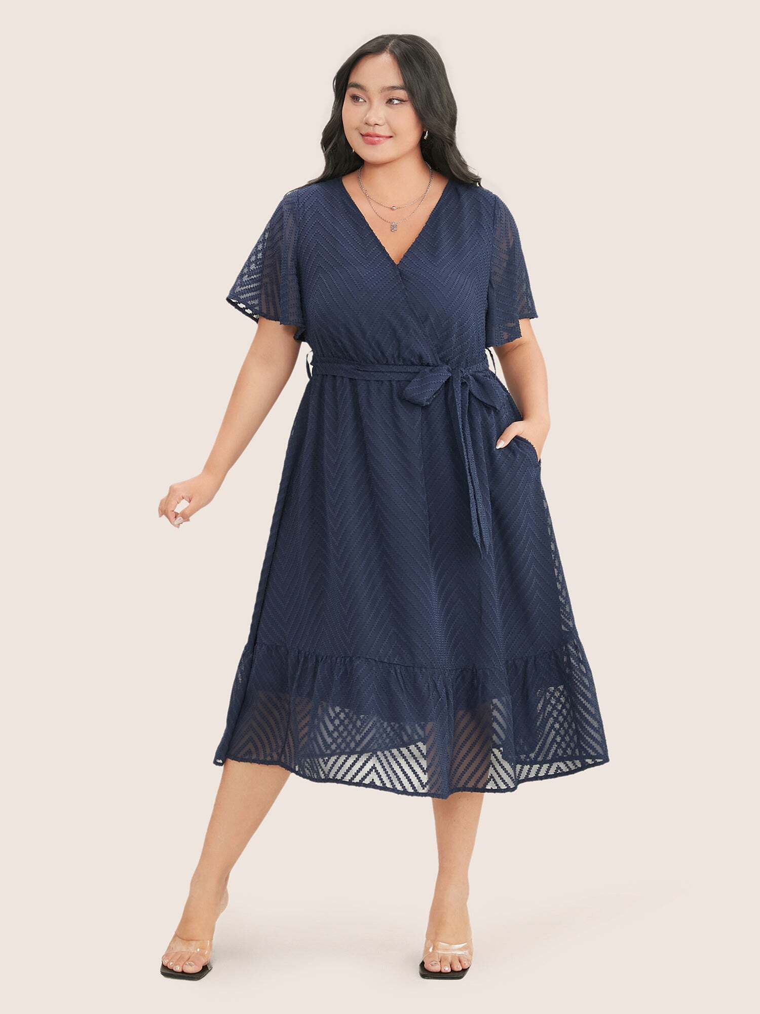 Plain Geometric Pocket Mesh Ruffle Sleeve Belted Wrap Dress